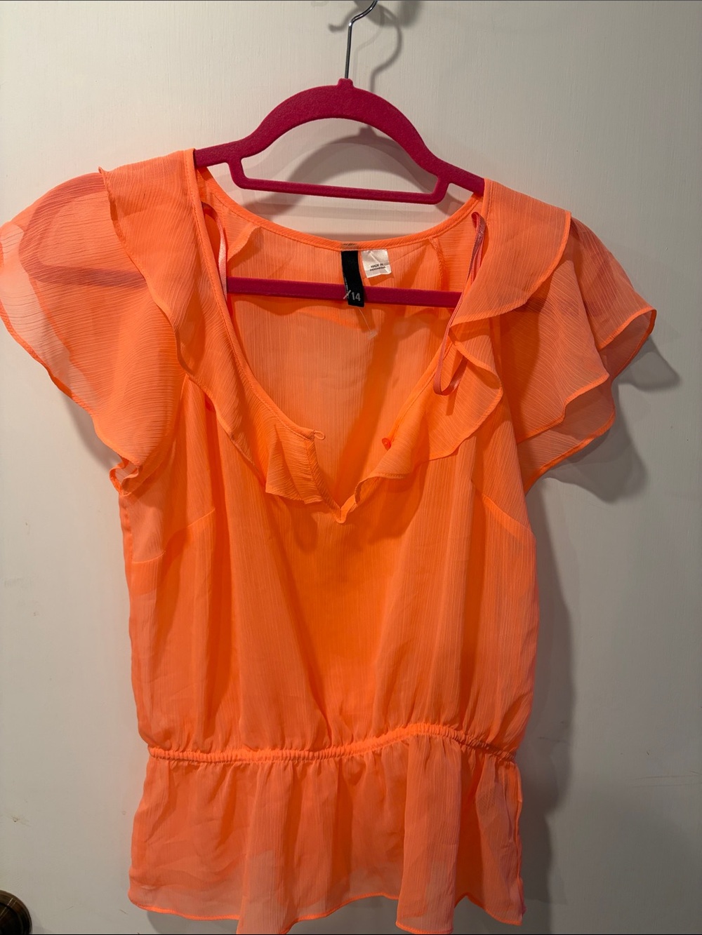 Divided by H&M Sheer Ruffle Flutter Sleeve Blouse - Bright Neon Orange XS